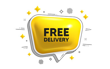 Wall Mural - Free delivery tag. Chat speech bubble 3d icon. Shipping and cargo service message. Business order icon. Free delivery chat message. Speech bubble banner with stripes. Yellow text balloon. Vector