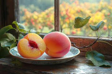 Poster - A ripe peach on a porcelain plate, set on a windowsill overlooking a sunny vineyard. Concept of freshness and the fruits of labor.