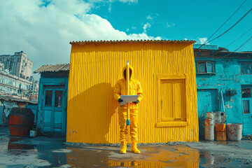 Wall Mural - A person dressed as a giant pencil, pretending to write on a huge piece of paper. Concept of creative and funny costumes.