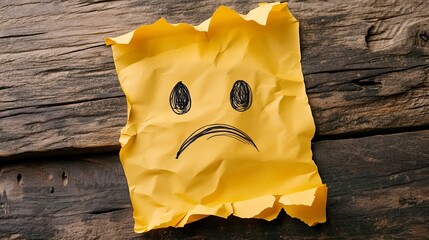 A yellow piece of paper featuring a sad face drawing is surrounded.
