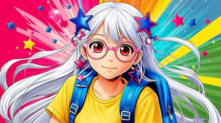 Wall Mural - Vibrant anime illustration of a girl with long blue hair, red eyes, and pink glasses, wearing a yellow shirt and blue backpack. Perfect for energetic, colorful designs.