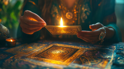 A person holds a glowing, ornate card in a candlelit ritual, symbolizing magic, spirituality, and ancient mystic traditions.