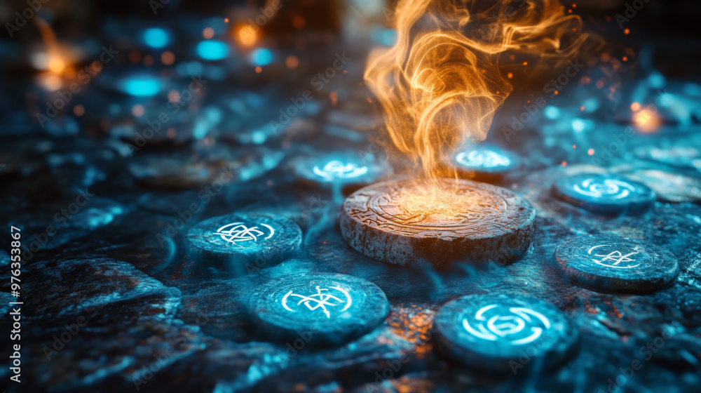 Glowing blue and orange magical rune stones surround a central burning ...