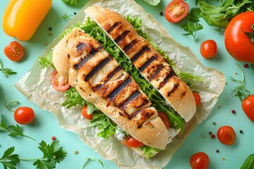 Wall Mural - Delicious Grilled Chicken Sandwiches with Fresh Vegetables on a Vibrant Background