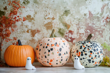 minimalist peach and white , orange  pumpkins decorated with vibrant splashes of color for a contemporary autumn display and halloween