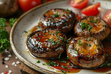 Wall Mural - Savory Grilled Mushrooms with Fresh Herbs and Cherry Tomatoes