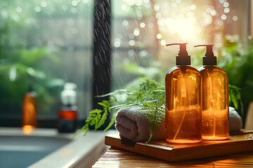 Poster - In a serene bathroom filled with natural light, amber-colored bottles and a rolled towel rest on a wooden tray, surrounded by lush greenery, creating a tranquil atmosphere