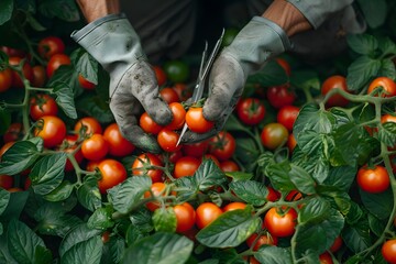 Wall Mural - Harvesting Fresh Tomatoes: A Close-Up of Careful Picking in a Lush Garden