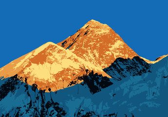 Sticker - mount Everest as seen from Kala Patthar evening sunset view, vector illustration logo, Mt Everest 8,848 m, Nepal Himalaya mountain