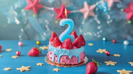 a blue candle number 2 on a strawberry cake surrounded by a starry garland and blue background