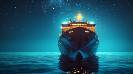 An abstract, geometric cargo ship sails across a starry night. This ship, made of two triangles, represents global trade.