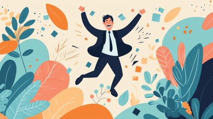 In this simple, geometric illustration, a business man celebrates his success with a joyful jump and clenched fists.