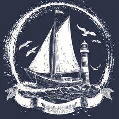 The nautical elements include anchors, sailing ships, boat ropes, a lighthouse, as well as a vintage ribbon heraldic banner that represents maritime travel, sailing sports, yachting clubs, and