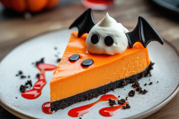 Wall Mural - halloween themed orange cheesecake slice with bat decoration and white ghost on top