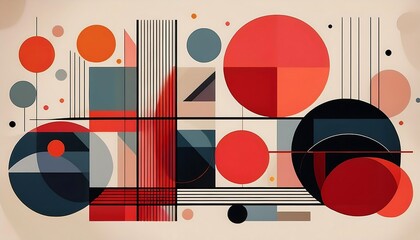 Wall Mural - Bauhaus Geometric Shapes and Lines Poster - minimalistic poster featuring large circles, squares, and triangles arranged in a balanced composition. Graphic art illustration