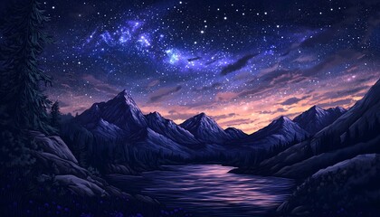 An illustration of a mountainous landscape under a beautiful and bright starry night sky