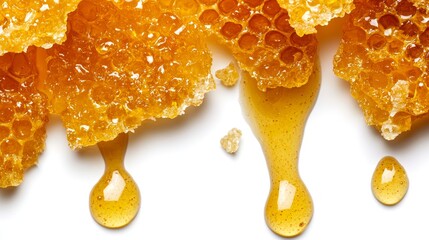 On a white background is a honeycomb looking at honey syrup drizzling down. Honey is seen in an overhead view.