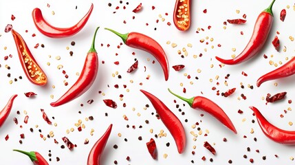 An image of fresh red chili peppers with sliced sections and seeds floating in the air. Clipping paths are also included.