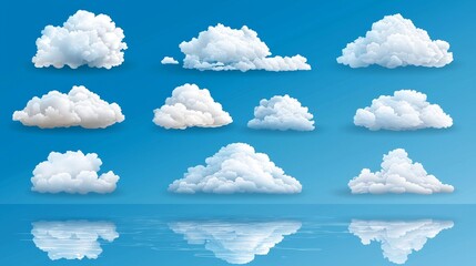 Realistic 3D semi-transparent clouds in a blue sky, isolated. Beautiful cloudscape with fluffy cumulus clouds. Summer outdoor scene with floating clouds, isolated.