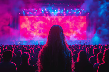 Poster - A person attending a virtual concert, enjoying live music and interacting with other virtual concertgoers in a digital venue. Concept of virtual events.