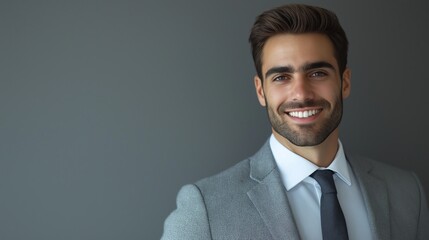 Handsome young businessman in a grey suit smiling confidently, standing against a plain grey wall with space for text