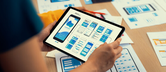 Wall Mural - panorama banner of startup ux developer or company employee design user interface or ui prototype fo