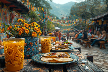 Poster - An outdoor Day of the Dead event with families and friends enjoying traditional foods, live music, and cultural performances in a lively setting.