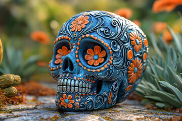 Poster - An intricately decorated sugar skull with elaborate designs and bright colors, symbolizing the joyful remembrance of loved ones. Concept of traditional crafts and festive symbolism.