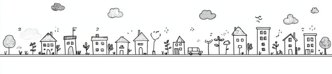 This is a handdrawn sketch of a country neighborhood with little houses, cute rural buildings, and trees. It is a modern childish scene.