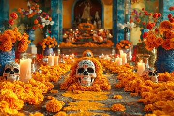 Poster - A vibrant altar adorned with marigolds, candles, and sugar skulls, celebrating the Day of the Dead with traditional offerings. Concept of honoring ancestors and cultural traditions.