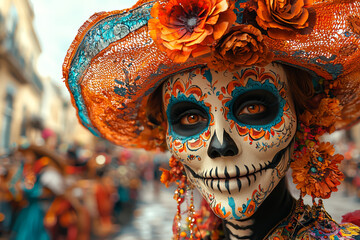 Poster - A traditional Day of the Dead parade with elaborate floats and performers, featuring symbols of life and death in a dynamic and colorful display.