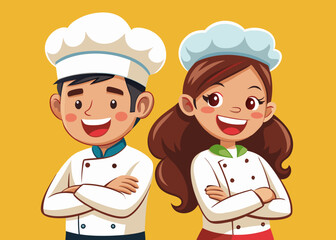 cartoon vector illustration of happy chefs woman and man smiling with folded arms, red isolated background