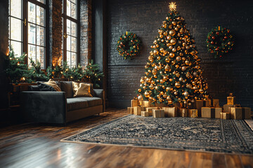 A sleek, minimalist Christmas tree decorated with geometric ornaments and LED lights, set against a modern living room backdrop. Concept of contemporary holiday decor.