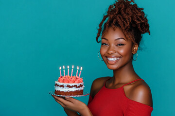 Wall Mural - African American happy woman holding birthday cake