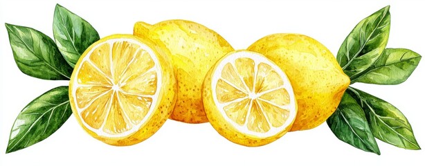 Lemons with leaves isolated in watercolor. Illustration of yellow citrus fruit. Ideal for packaging.