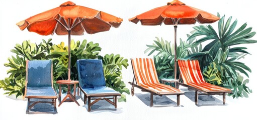 An illustration in watercolor of sun loungers and palm trees.