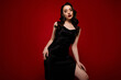 © Beauty Hero - Photo of stunning attractive alluring lady model posing in black dress isolated on red color background