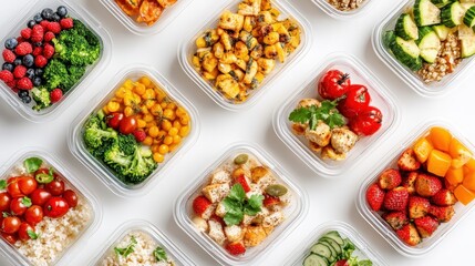 A variety of meal prep containers display colorful, fresh ingredients organized for healthy eating