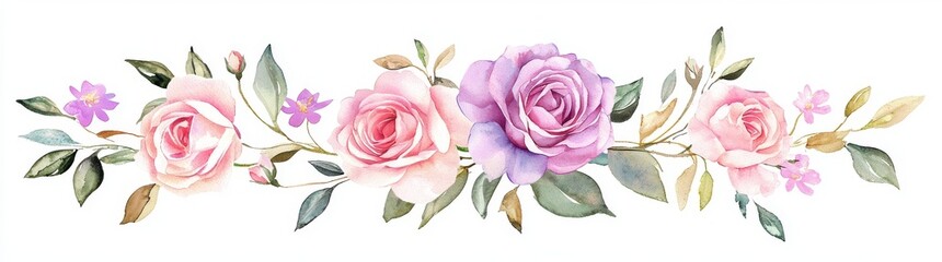 Roses are arranged on white background with pink flowers, leaves, branches and botanical illustrations in the watercolor set.