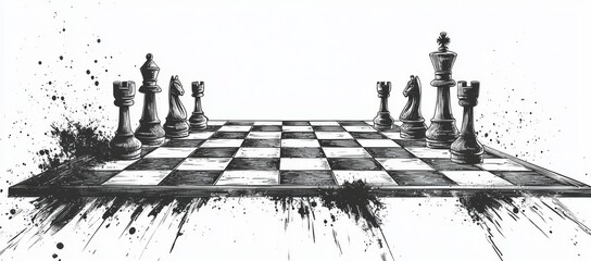 Wall Mural - In vintage style, this black and white chess board has a white background with an isolated black chess board on top