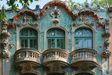 a building with a blue and white facade has a balcony on the second floor