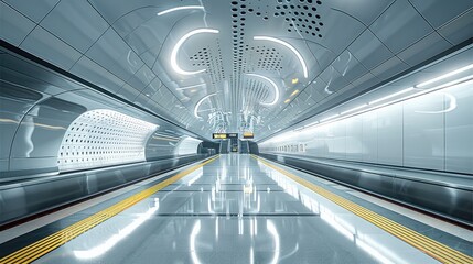 Aufkleber - Underground train station, large white ceiling panels, glittering light, modern. Generative AI.