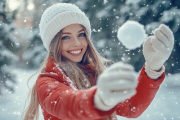 Wall Mural - A beautiful woman is smiling and playing with snowballs in the winter forest, wearing gloves and a white hat on her head. She has long hair and blue eyes, and is wearing a red jacket.