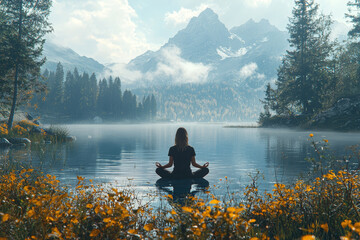 Sticker - A person meditating in a tranquil setting, surrounded by nature and focusing on mindfulness. Concept of relaxation and mental well-being.