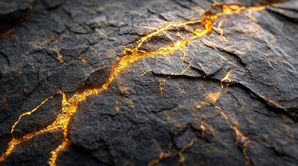 Wall Mural - A close-up of cracked stone with glowing golden fissures, evoking a sense of mystery and natural beauty.