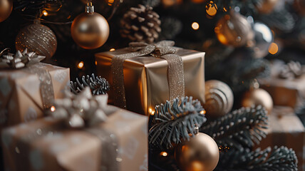 Wall Mural - Elegant golden Christmas giftboxes with ribbons placed under a beautifully decorated Christmas tree