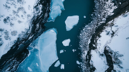 Wall Mural - Frozen river winding through snowy mountains in winter