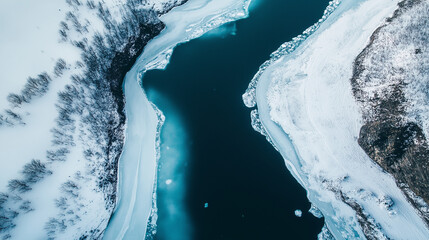 Wall Mural - Aerial view of a frozen lake surrounded by snow and trees