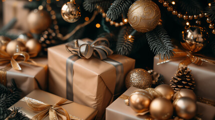 Wall Mural - Elegant golden Christmas giftboxes with ribbons placed under a beautifully decorated Christmas tree