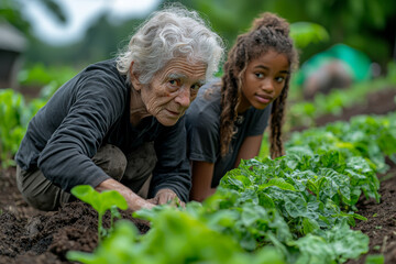 Poster - An elderly person and a young adult of different ethnicities working together on a community garden project. Concept of generational and ethnic inclusion.